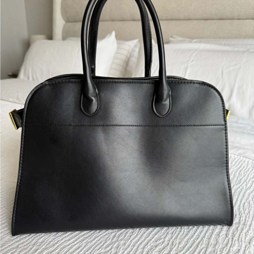 The Row Margaux Inspired Black Leather Drawstring Pouch with Gold Accents - Picture 3 of 14